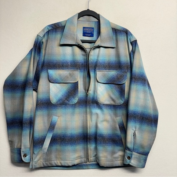 Pendleton Other - Pendleton Full Zip Blue Plaid 100% Wool Lightweight Shirt Jacket Men's S